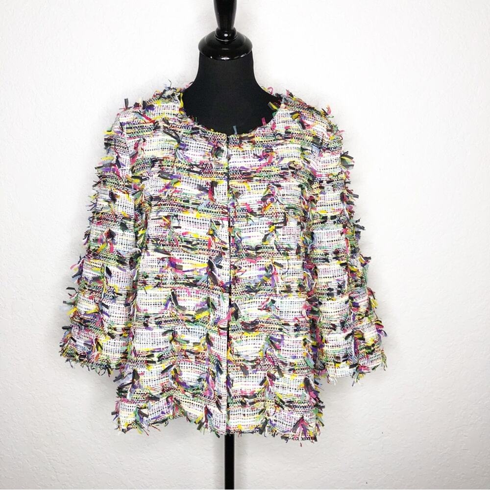 Patty Kim‎ white multicolor ribbon fringe hook front blazer size Large